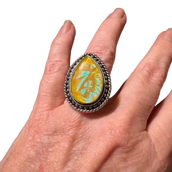 Boho Style Sterling Silver Yellow Opal Statement Ring Size 9 - Picture 1 of 5